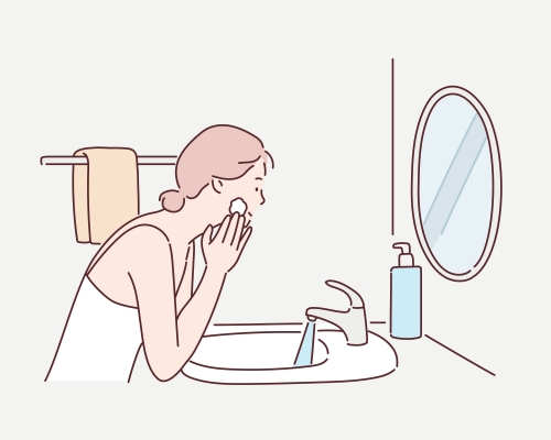 Woman Using Cosmetic Cleansing Gel or Facial Wash to Clean Her Face. Hand drawn style vector design illustrations.