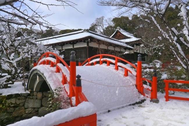 積雪の京都市 世界遺産下鴨神社の輪橋