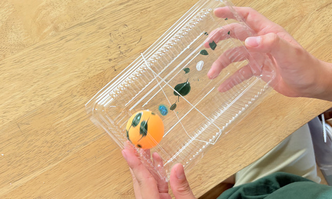 絵の具入りのフードパックの中で転がされる卓球玉