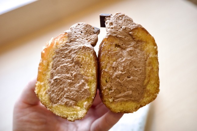 手に持った生ドーナツの断面図